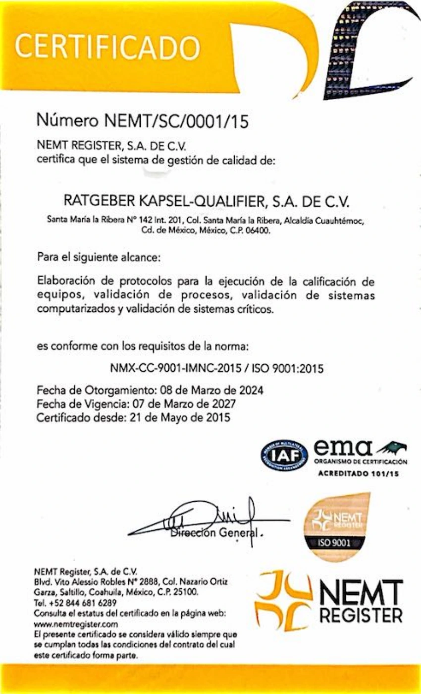 Certificado ISO 9001:2015 de Ratgeber Kapsel-Qualifier, emitido por NEMT Register
